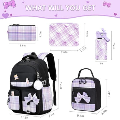 ACESAK 5PCS Backpack for Girls with Bento Box & 14oz Insulated Water Bottle - Cute School Girls Backpacks for Elementary Preschool Middle with Lunch Bag Pencial Case, Back To School (Black Purple) - color: Black Purple