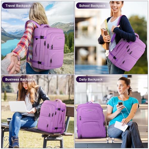 Large Travel Backpack, Laptop Backpack for women, Expandable 52L Carry On Backpack, TSA Water Resistant Weekender 18.4 Inch Laptop Backpack, Anti Theft Business Computer Bag with USB Port, Purple - color: Purple