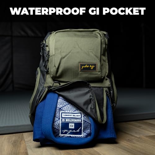 Gold BJJ Jiu Jitsu Backpack - Heavy Duty Gym Bag with Waterproof Gi Pocket - color: Olive