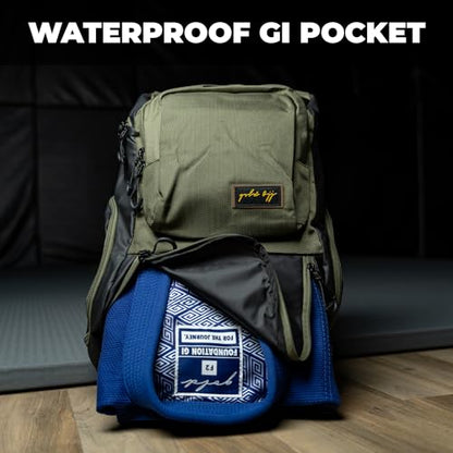 Gold BJJ Jiu Jitsu Backpack - Heavy Duty Gym Bag with Waterproof Gi Pocket - color: Olive