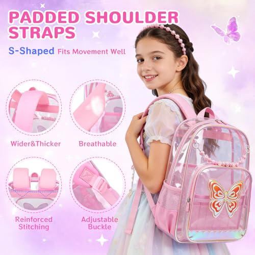MUSEVOS Clear Backpack for School, Clear Bookbag for Girls PVC Heavy Duty Transparent Backpack,Pink Butterfly - color: Pink