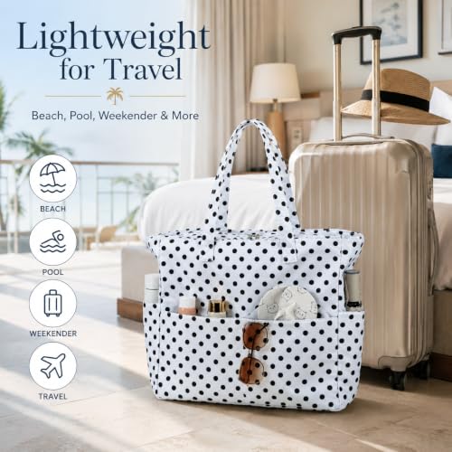 LEDAOU Beach Bag Waterproof Sandproof Women Beach Tote Pool Bag with Zipper for Swim Gym Grocery Travel with Wet Pocket | Sandproof - color: White Polka Dots