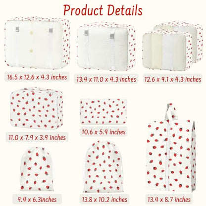 9 Set Packing Cubes for Travel Essentials - Lightweight Carry-On Luggage Organizer Bags with Shoe, Clothes & Laundry Bags for Airplane, Family & Business Travel, Beige strawberry - color: Beige strawberry