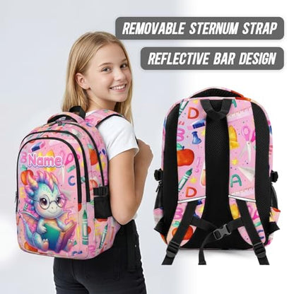 Kids Backpack Personalized Dragon Backpack for Girls, 17 Inch Pink Custom Schoolbags for College Preschool Primary Kindergarten - color: Pink1