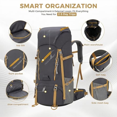 Bseash 65L Waterproof Hiking Camping Backpack with Rain Cover, Outdoor Sport Travel Daypack for Climbing Touring (Gray) - color: Gray