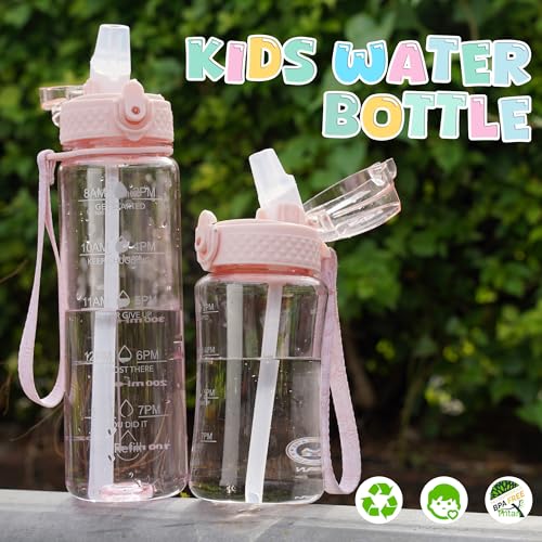 OLDLEY 12oz Kids Water Bottle, Tritan BPA-Free, Leakproof Flip Straw Lid, Motivational Time Marker, Carry Strap, Reusable Clear Water Bottle for Boys & Girls,Cherry Blossom - color: Cherry Blossom, style: 12 Ounces