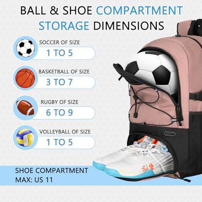 Goloni 30L Sports Backpack with Ball Compartment & Ventilated Shoe Pocket,Basketball Soccer Bag for Youth Boys Girls - color: Pink