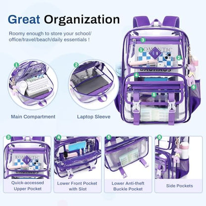 Sisipoet Clear Backpack for School, PVC Clear Bookbag Heavy Duty Transparent Backpack for Stadium Events See Through Bag - color: Dark Purple