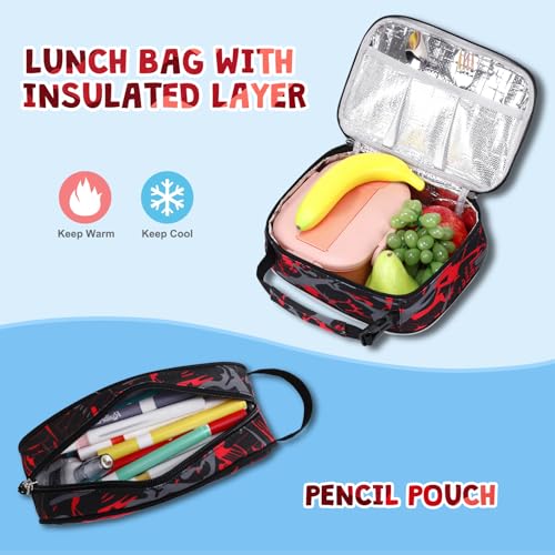 ACESAK Camo Backpack for Boys, Tactical Kids Backpack Boys, School Bags for Boy Children Teens Kids Elementary Middle High School, Military Bookbag and Lunch Bag Pencil Case Set with USB Charging Port - color: Camo Red