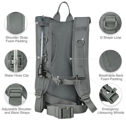 NOOLA 3L Hydration Backpack, Water Backpack with TPU Water Bladder, Tactical Hydration Pack for Men Women, Molle Water Backpack for Hiking, Biking, and Hunting - color: Grey