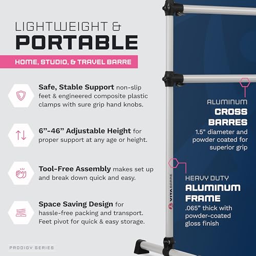 VITA Barre Portable Freestanding Double Ballet Barre, Prodigy, Aluminum | Adjustable Height, USA Made, Home or Gym Exercise Equipment for Kids & Adults | Dance, Fitness, Pilates - color: Satin Silver, style: 5 Ft