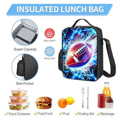 3PCS Boys Backpack, Kids Back To School Backpack with Lunch Box Pencil Case Set, Cool Football Backpack for Boys Teens, 17" Schoolbag Bookbag for Elementary Middle High School Students - color: Light Football