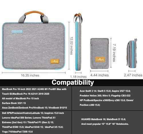 ZINMARK Laptop Case 15.6 Inch Briefcase Military-Grade Protection with Detachable Belt Bag, Compatible All Model of 15-16 Inch MacBook Pro and Most Popular 15.6 Inch Notebooks Chromebooks (Gray&Blue) - color: Gray&blue