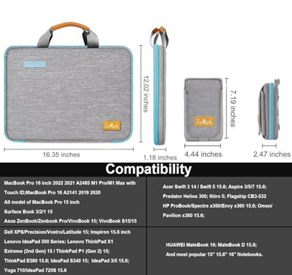 ZINMARK Laptop Case 15.6 Inch Briefcase Military-Grade Protection with Detachable Belt Bag, Compatible All Model of 15-16 Inch MacBook Pro and Most Popular 15.6 Inch Notebooks Chromebooks (Gray&Blue) - color: Gray&blue