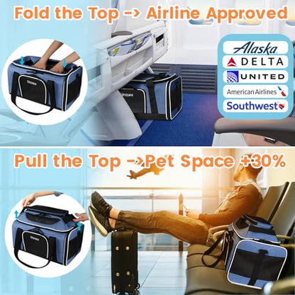 Petskd Top-Expandable Pet Carrier 17x11x9.5 Inches Alaska Airline Approved, Soft-Sided Carrier for Small Cats and Dogs with Locking Safety Zippers and Anti-Scratch Mesh(Blue) - color: Blue, size: 17.0"L x 11.0"W x 9.5"H