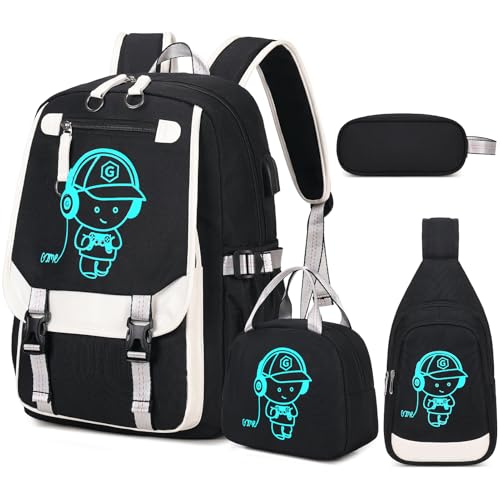 Bevalsa Backpack for Boys, Cool Luminous Boys Backpack with Sling Bag, Lunch Box & Pen Case, School Bags for Kids Children Teens Elementary Middle Schools, Bookbag Glow In The Dark (Black) - color: Black