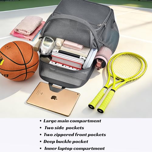 Metaverse Mesh Sports Backpack 20 Inch with Racket Holder for Men Women, Large Travel Gym Beach Backpack with Water Bottle Pockets - color: Grey