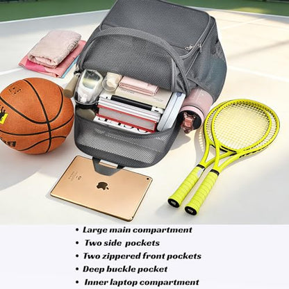 Metaverse Mesh Sports Backpack 20 Inch with Racket Holder for Men Women, Large Travel Gym Beach Backpack with Water Bottle Pockets - color: Grey