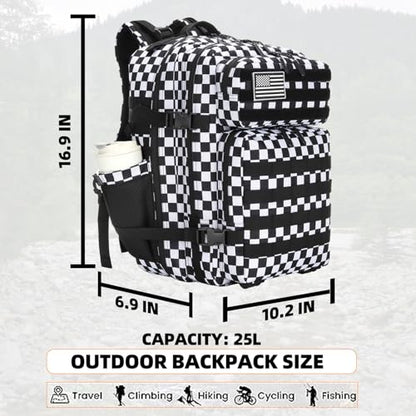 Lovelinks21 25L Tactical Military Backpack Small Travel Rucksack for Men and Women Assault Pack Bug Out Bag Molle Daypack Gym Backpack with Bottle Holder (Black White Checkered) - color: Black White Checkered