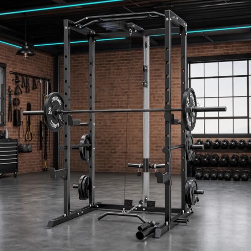 KOPUS Power Rack with Pulley System – Multi-Functional Power Cage Squat Rack, LAT Pull Down, J Hooks & Safety Bars – 1200 lbs Home Gym Equipment – 5 Configurations