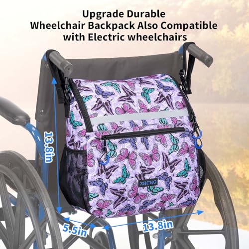 ZHCHG Wheelchair Bags, Wheelchair Backpack with Cup Holder, Wheelchair Bags to Hang on Back, Electric Wheel Chair Accessories, Large Storage Bag for Walker Rollator Purple Butterfly - style: Purple Butterfly