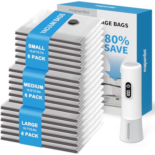 Mapambo Vacuum Seal Bags for Clothing Travel with -60000Pa LED Pump, 18 Pack Travel Cordless Vacuums Bag Set with Pump in 3 Combo Sizes. Vacuums Storage Bags for Clothes (18 Combo) - size: 18 Combo