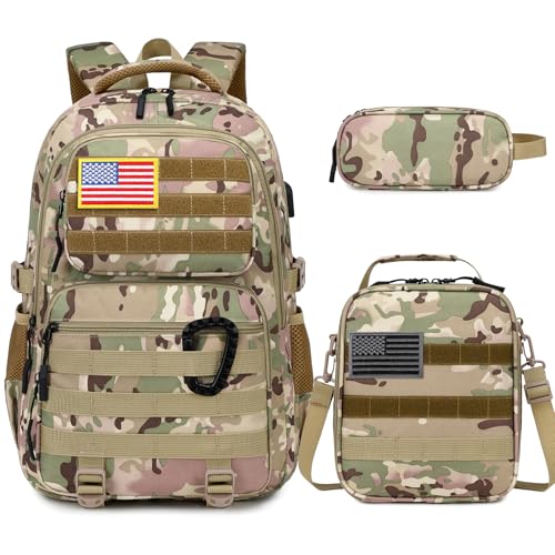 Camo Backpack for Boys, Tactical Boys Backpack with Lunch Box Pencil Case, Kids Backpacks with USB Charging Port, Military Army School Bookbag for Teen Boy Elementary Middle High School Camp - color: Khaki-green