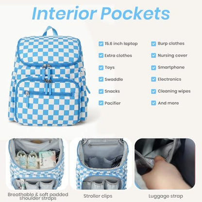 FHELAD Checkered Diaper Bag Backpack with Changing Pad & Stroller Clips, Large Travel Baby Diaper Bag for Newborn Moms, Baby Shower Gifts (Sky Blue) - color: Sky Blue