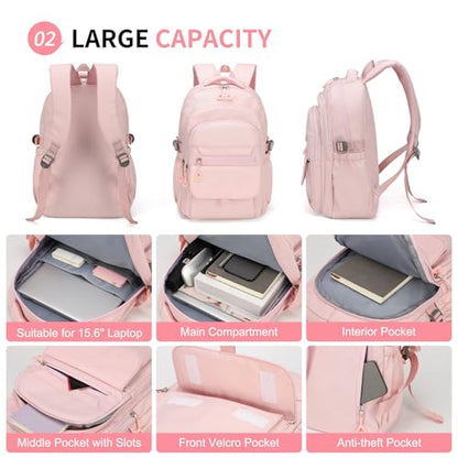 Aesthetic Daypack Backpack, Water-Resistant 15.6" Laptop Backpack for Women and Men, Featuring Touch-Fastener and Anti-Theft Pockets (Pink) - color: Pink