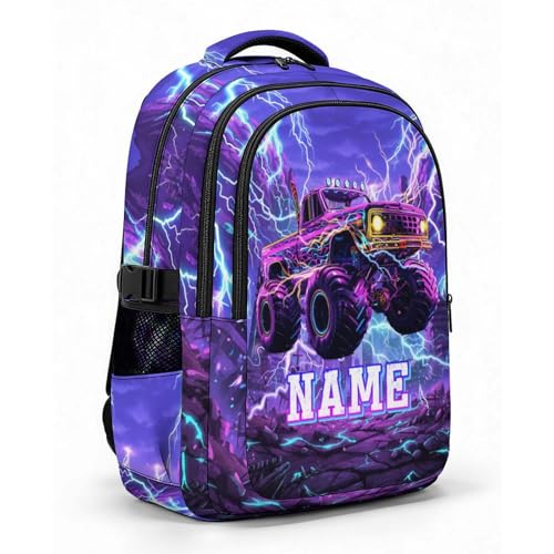 Personalized Backpacks Boys School Backpack for Kids Teen Truck Lovers, Custom Large Capacity Car Bookbag for Students Travel Camping Casual - color: Purple