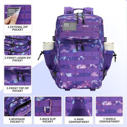 45L Military Tactical Backpack Hiking Backpacks Tactical Gear Camo Back Pack Army Molle Bag Rucksack Fitness Daypack - color: Purple Tie Dye