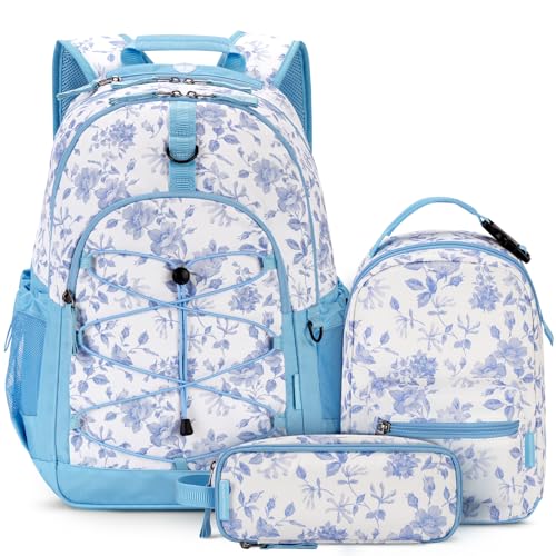 Choco Mocha Girls School Backpack with Lunch Box, Floral Blue Backpack Set for Teen Girls 18 Inch Backpacks, 3 Pcs - color: Floral-blue