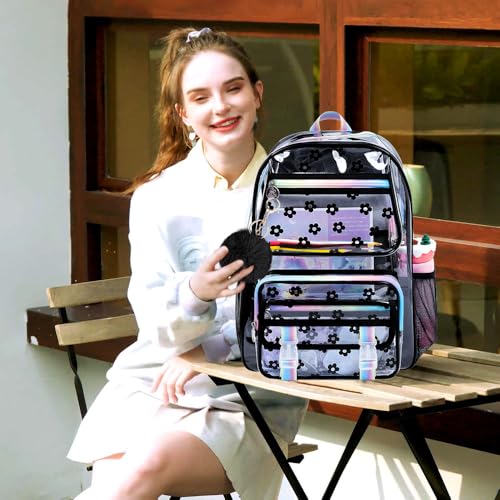 KLFVB Clear Bookbag Heavy Duty, 3PCS Girls See Through School Bag Set, Cute Transparent Backpack for Women - Plum Blossom Black - color: Plum Blossom Black Clear Backpack