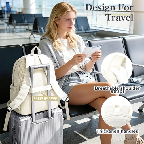College Backpack For Women Men,Lightweight High School Bag,School Backpack With Lots Of Pockets,Cute Bookbag For Teens Boys Girls,Casual Daypack Backpack For School(Beige) - color: A2-white