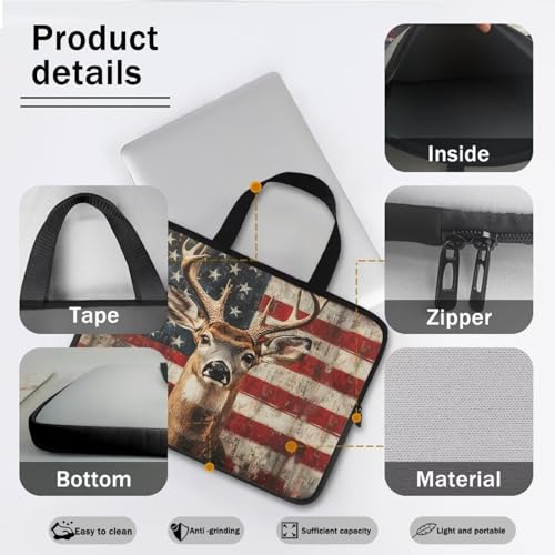 America Flag Deer Laptop Sleeve, Shockproof Laptop Tote Bag, Computer Bag Fits Up to 17 Inch, Zipper Tablet Sleeves Carrying Case for 4th of July USA 250 Years, Notebook Briefcase - color: America Flag Deer, size: 10 Inch