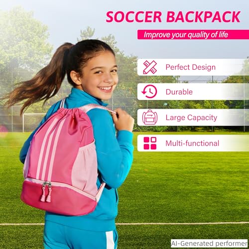 Soccer Bag, Youth Soccer Basketball Bag with Compartments Drawstring Backpack for Football Volleyball Gym Training (Pink) - color: Pink