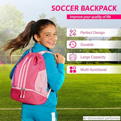Soccer Bag, Youth Soccer Basketball Bag with Compartments Drawstring Backpack for Football Volleyball Gym Training (Pink) - color: Pink
