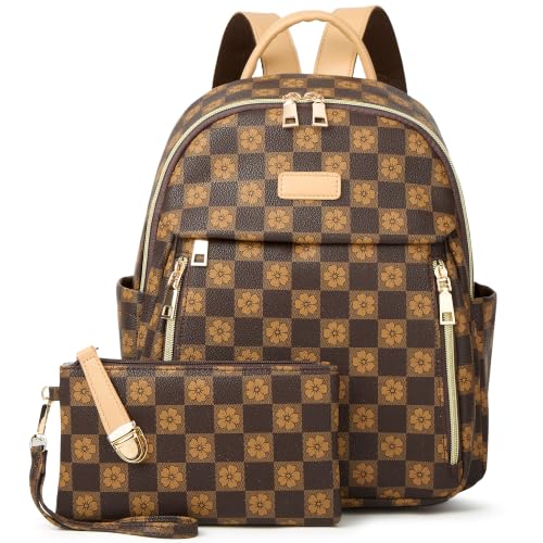 Makes Mini Backpack for Women, Stylish Daypack Purse Handbag Small Casual Daily Travel Bag, Lady Girls Gifts for Work School, 2pcs Sets - color: Checkered Coffee