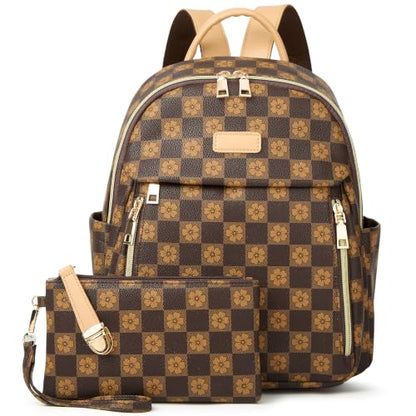 Makes Mini Backpack for Women, Stylish Daypack Purse Handbag Small Casual Daily Travel Bag, Lady Girls Gifts for Work School, 2pcs Sets - color: Checkered Coffee
