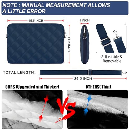 Puffy Quilted Laptop Sleeve with a Shoulder Strap Compatible with MacBook Air 15 inch M2 A2941 2023/Pro 15 A1990 A1707, 15 Surface Laptop 5/4/3, Compatible with Dell XPS 15 - color: Sleeve - Navy, size: 15 inch