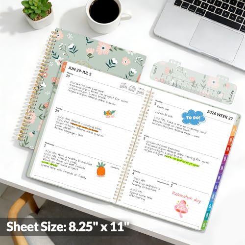 SUNEE Academic Planner 2026-2027 – Weekly & Monthly Planner, July 2026 to June 2027, 8.5"x11", Thick Paper, Tabs, Pockets, Bookmark, Spiral-Bound, Student Teacher Organizer, Green Wildflowers - color: Flowers