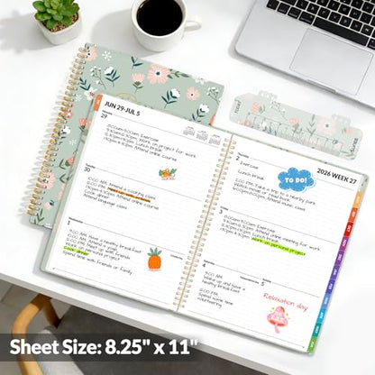 SUNEE Academic Planner 2026-2027 – Weekly & Monthly Planner, July 2026 to June 2027, 8.5"x11", Thick Paper, Tabs, Pockets, Bookmark, Spiral-Bound, Student Teacher Organizer, Green Wildflowers - color: Flowers