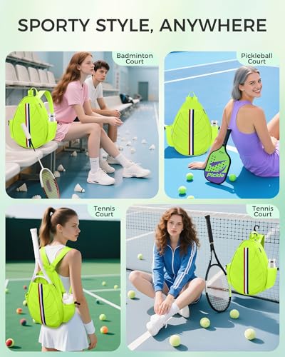 Tennis Bag, Water Resistant Tennis Backpack for Women Men, Quilted Crossbody Sling Design for Tennis, Pickleball, Badminton Rackets - color: Chartreuse