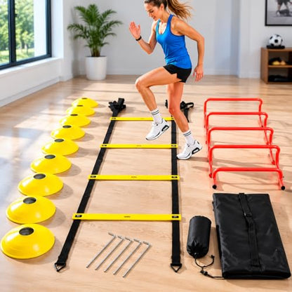 Agility Ladder Speed Training Kit, Soccer Training Equipment Set, PP Rung Agility Ladder Synthetic Disc Cones with Storage Bag