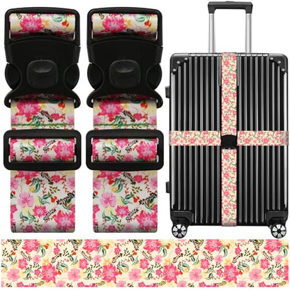 Luggage Straps for Suitcases, Travel Adjustable Belt with Quick Release Buckle, Heavy Duty Nylon Bag Packing Strap, Unique Bright Identifiers Business Travel Accessories (2 Pack) - Pink Flowers - color: Peach Pink