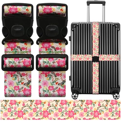 Luggage Straps for Suitcases, Travel Adjustable Belt with Quick Release Buckle, Heavy Duty Nylon Bag Packing Strap, Unique Bright Identifiers Business Travel Accessories (2 Pack) - Pink Flowers - color: Peach Pink