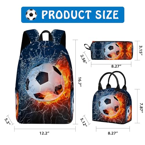 3PCS Backpack for Boys Girls, Kids Soccer Back to School Backpack Sets with Lunch Bag Pencil Case, 17 Inch Lightweight Bookpack 3 in 1 Set for Teens Elementary Middle High School Students - color: Water Fire Soccer