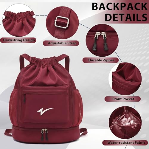 Sport Drawstring Backpack, Gym Bag with Mesh Side Pockets and Separate Shoe Compartment, Water-Resistant (Burgundy) - color: Burgundy
