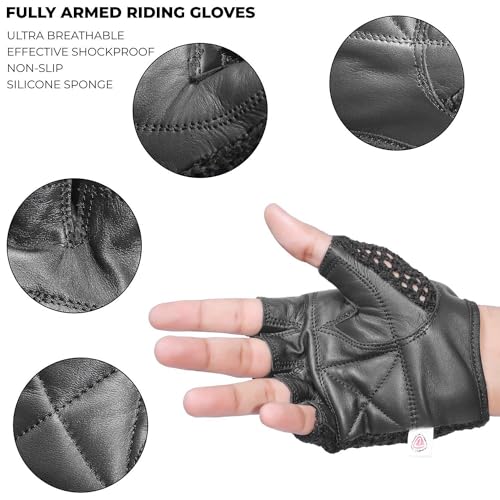 Leather Padded Crochet Back Breathable Fingerless Weight Lifting, Cycling Workout Gloves, Black (Medium)