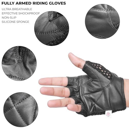 Leather Padded Crochet Back Breathable Fingerless Weight Lifting, Cycling Workout Gloves, Black (Medium)